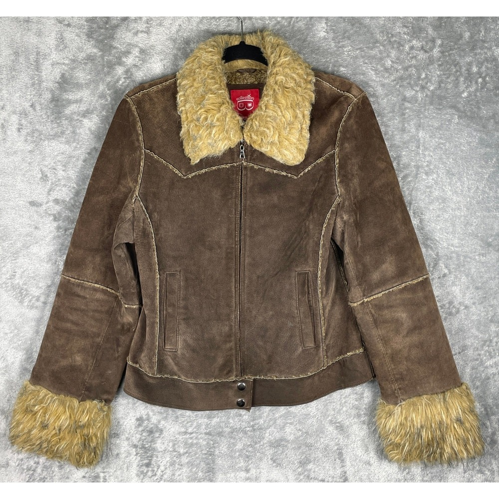 Collection B Suede Jacket Womens Medium Brown Good Faux Fur Trim Western Zip Up